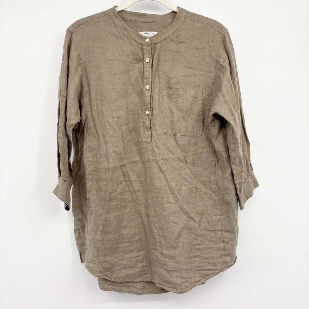 Touch Womens 100% Linen Made in USA Olive Henley Lagenlook Popover Tunic Top 2